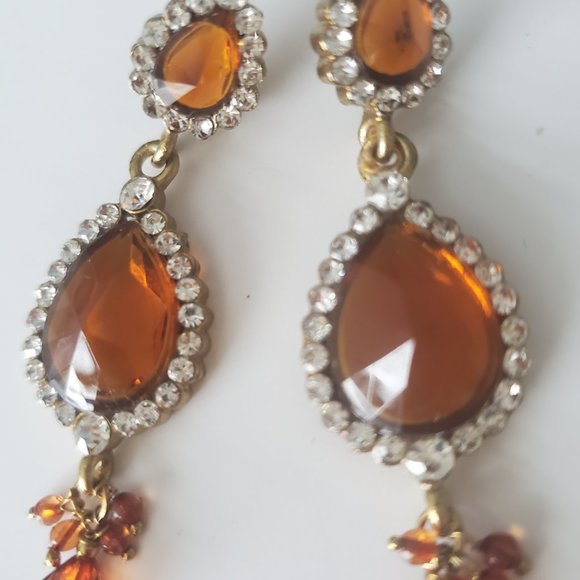 Beautiful Faux Amber Jewel & Rhinestone Long Earrings Teardrop Dangly Dressy - Picture 4 of 5